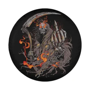 Detailed grim reaper flaming eyes skeleton biker Halloween spare tire cover art