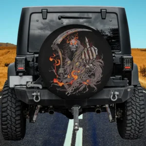 Grim reaper with flaming eyes and skeleton biker hand on Halloween spare tire cover for Jeep