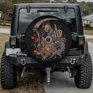 Halloween spare tire cover with grim reaper, flaming eyes, skeleton biker hand, camera hole option