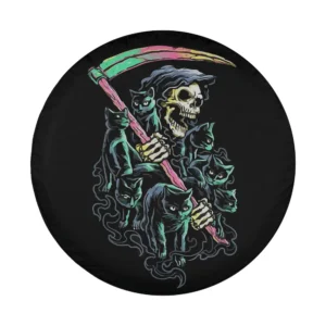 grim reaper neon scythe black cats Halloween tire cover design