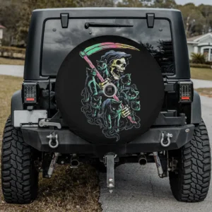 grim reaper neon scythe black cats spare tire cover with camera hole