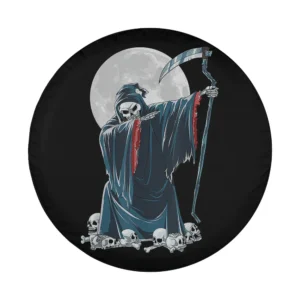 Cartoon grim reaper skeleton with skulls and full moon Halloween tire cover art