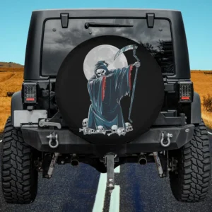 Grim reaper skeleton with skulls and full moon Halloween spare tire cover no camera hole