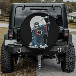 Grim reaper skeleton with skulls and full moon Halloween spare tire cover with camera hole