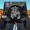Grim reaper skeleton with hourglass Halloween spare tire cover on Jeep, no camera hole