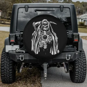 Grim reaper skeleton hourglass Halloween spare tire cover for Jeep with camera hole