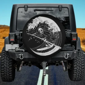 Grim reaper surfing great wave Halloween spare tire cover no camera hole