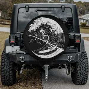 Grim reaper surfing great wave Halloween spare tire cover with camera hole