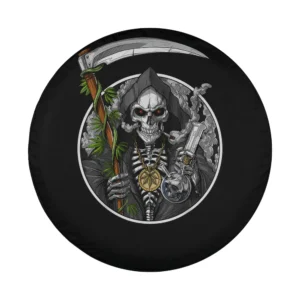 Halloween spare tire cover with grim reaper, weed bong, smoking skull skeleton art