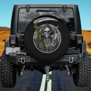 Grim reaper holding weed bong and scythe, smoking skull skeleton Halloween spare tire cover