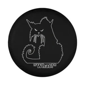 grumpy cartoon cat what text funny tire cover design illustration black white