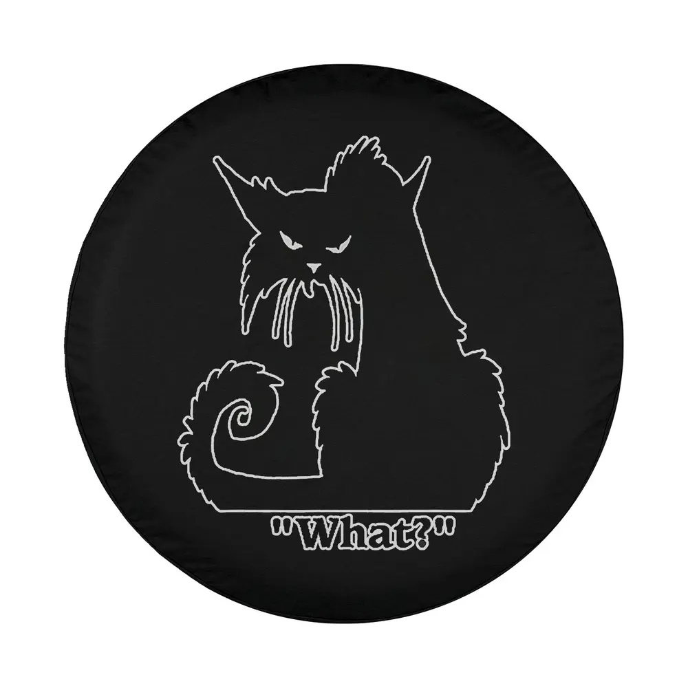 grumpy cartoon cat what text funny tire cover design illustration black white