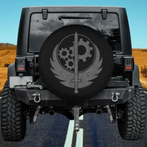 Grunge sword gears Brotherhood of Steel Fallout spare tire cover no camera hole on Jeep