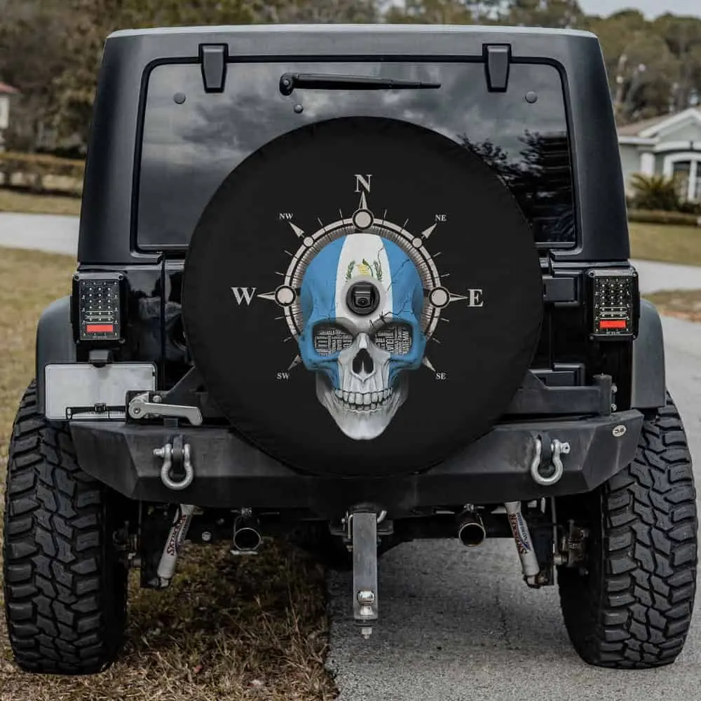Guatemalan flag compass skull heritage spare tire cover with camera hole for Jeep RV
