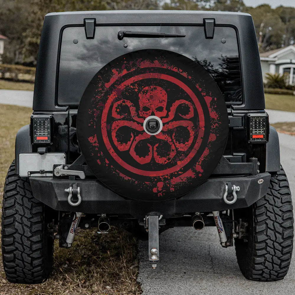 Hail Hydra logo graphic octopus spare tire cover with camera hole on Jeep