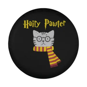 cartoon cat with glasses and scarf hairy pawter spare tire cover design art