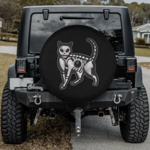 Halloween cat skeleton graphic cat spare tire cover with camera hole for SUV or RV