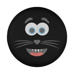 Cartoon Halloween cat face with blue eyes and fangs on spare tire cover