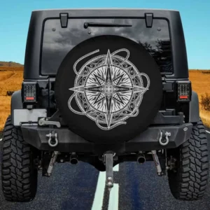 Hand drawn compass rope navigation spare tire cover on Jeep with no camera hole