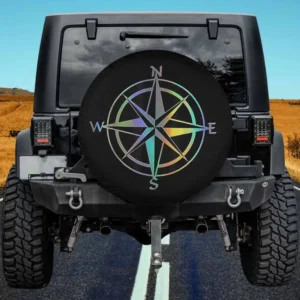 Hand drawn compass rose iridescent nautical spare tire cover on RV Jeep