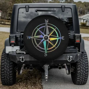 Hand drawn compass rose iridescent nautical spare tire cover with camera hole