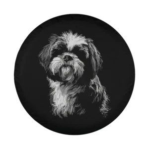Black and white hand drawn Shih Tzu dog sketch spare tire cover art