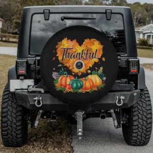 Heart maple leaves and pumpkins thankful Thanksgiving spare tire cover with camera hole