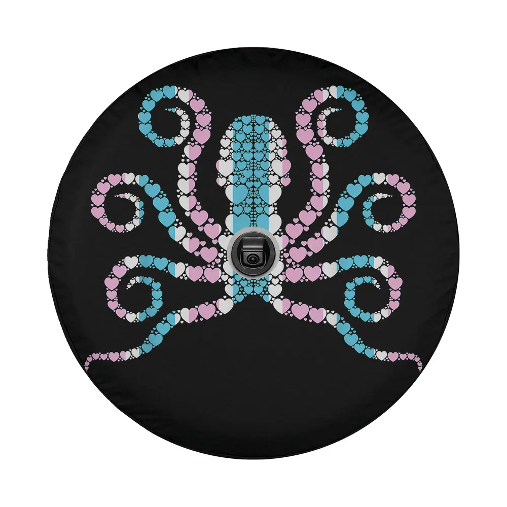 Heart mosaic octopus in trans pride flag colors tire cover design