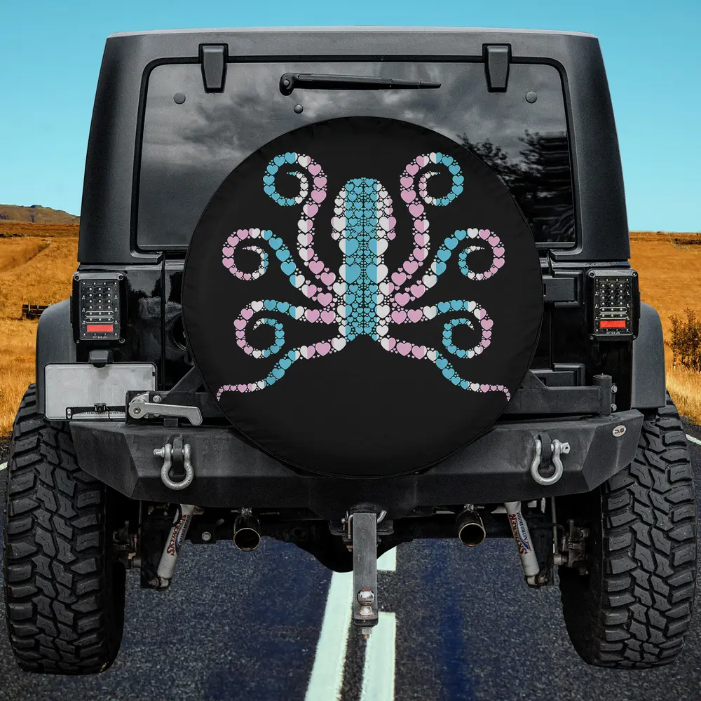 Heart mosaic octopus trans pride flag spare tire cover no camera hole