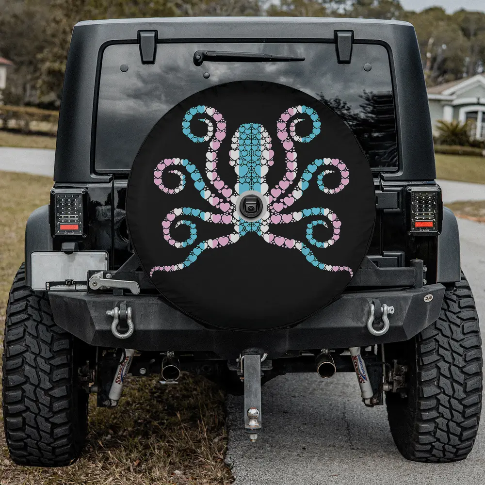 Heart mosaic octopus trans pride flag spare tire cover with camera hole