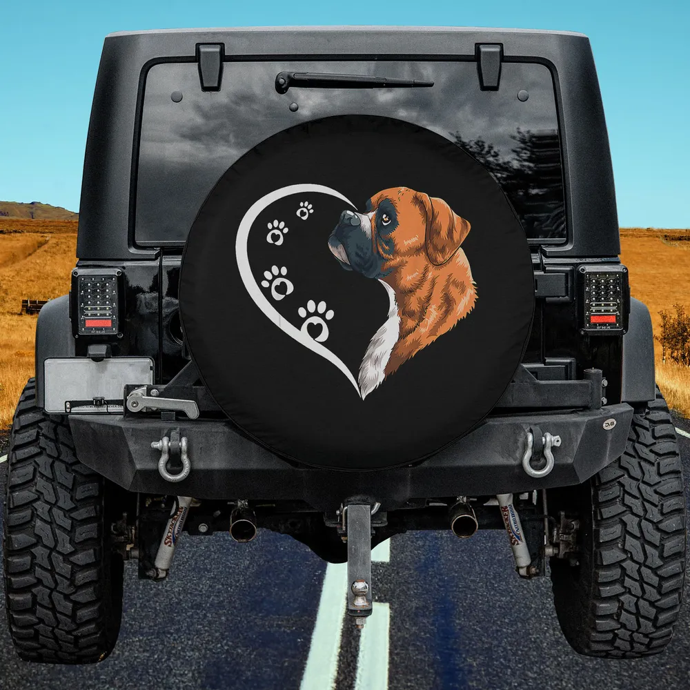 Heart paw prints boxer dog spare tire cover with no camera hole for Jeep SUV RV