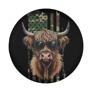 Patriotic Highland cow with camo American flag sunglasses design