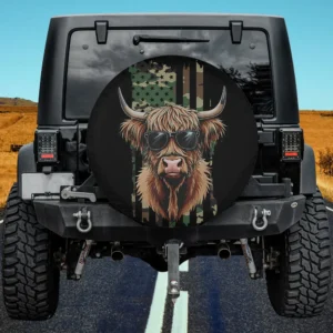 Highland cow camo American flag patriotic spare tire cover with no camera hole for Ford Bronco Sport