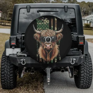 Highland cow camo American flag patriotic spare tire cover with camera hole for Bronco Sport