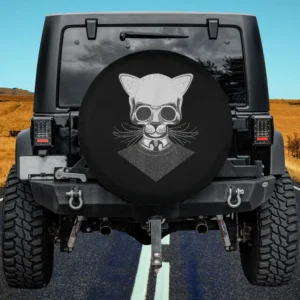 hipster cat skull sweater occult spare tire cover on Jeep in wild