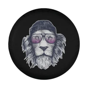 Hand-drawn hipster lion with beanie and glasses art for spare tire cover