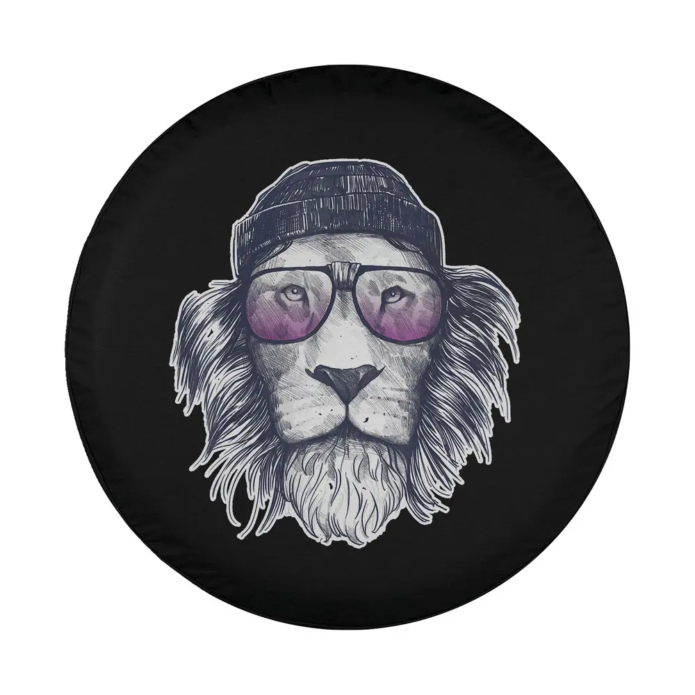 Hand-drawn hipster lion with beanie and glasses art for spare tire cover