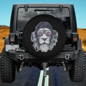 Hipster lion with beanie and glasses spare tire cover for Jeep SUV RV