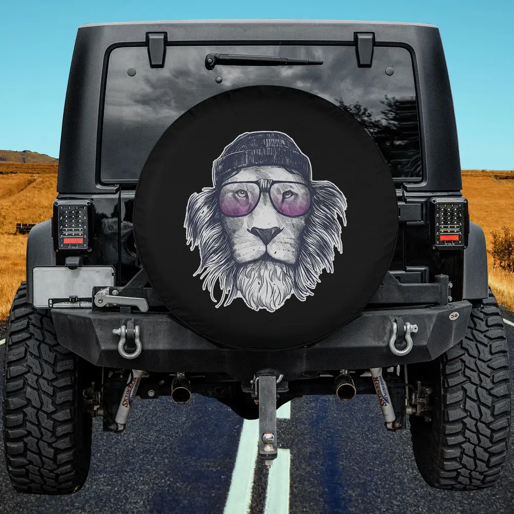 Hipster lion with beanie and glasses spare tire cover for Jeep SUV RV