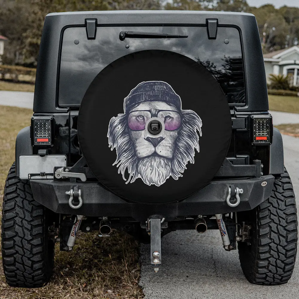Hipster lion beanie glasses animal lovers spare tire cover with camera hole
