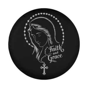 Faith and Grace Holy Mary rosary line art spare tire cover design only