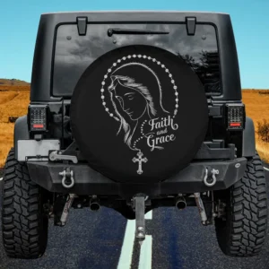 Holy Mary rosary faith grace spare tire cover for Land Rover Defender with no camera hole