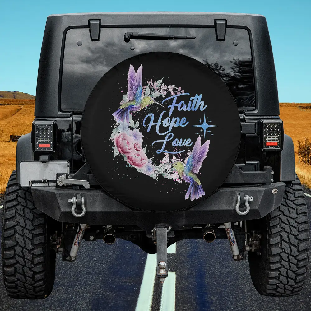 Hope Faith Love hummingbird peonies spare tire cover no camera hole for Jeep SUV RV