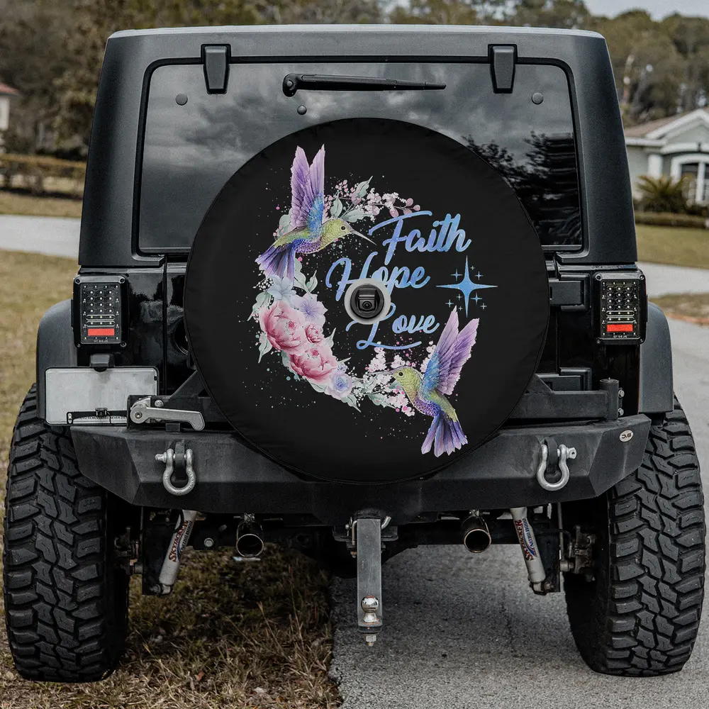 Hope Faith Love hummingbird peonies spare tire cover with camera hole for Jeep SUV RV