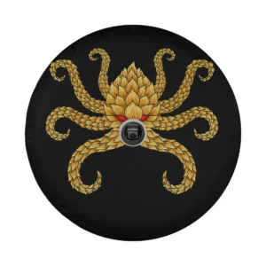 Hops octopus craft beer IPA spare tire cover graphic, golden hops tentacles on black