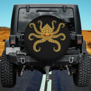 Hops octopus craft beer IPA spare tire cover with golden hops on black, no camera hole