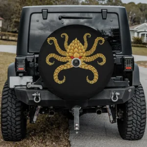 Hops octopus craft beer IPA spare tire cover with golden hops, backup camera hole option