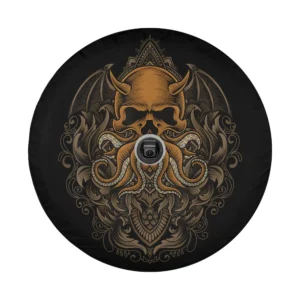 Detailed horned skull octopus gothic occult artwork for spare tire cover, retro tattoo style
