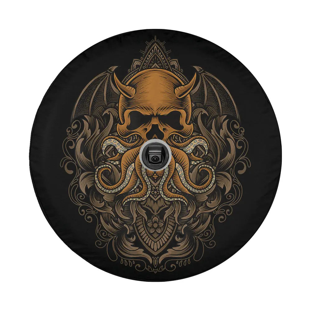 Detailed horned skull octopus gothic occult artwork for spare tire cover, retro tattoo style