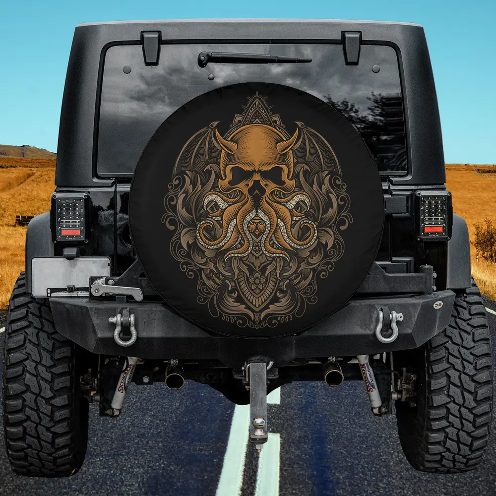 Horned skull octopus gothic occult spare tire cover with ornate linework and bat wings, no camera hole